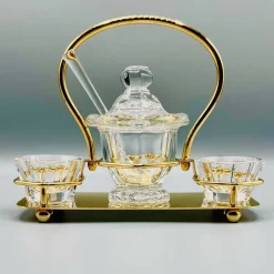 Pamono Mid-Century Crystal Harcourt Missouri Condiment or Caviar Set with Lidded Central Jar, Spoon, and Two Facetted Cut Dishes in Gilt Handled Tray from Baccarat, 1950s, Set of 6><noscript><img width=