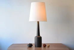 Best Pamono Mid-Century Danish Ceramic Table Lamp in Dark Brown Green Glaze with Shade from Palshus, 1960s