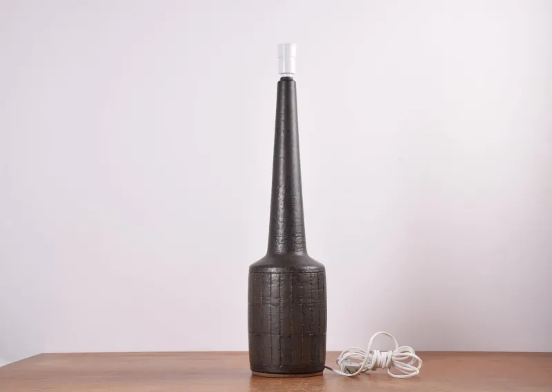 Best Pamono Mid-Century Danish Ceramic Table Lamp in Dark Brown Green Glaze with Shade from Palshus, 1960s