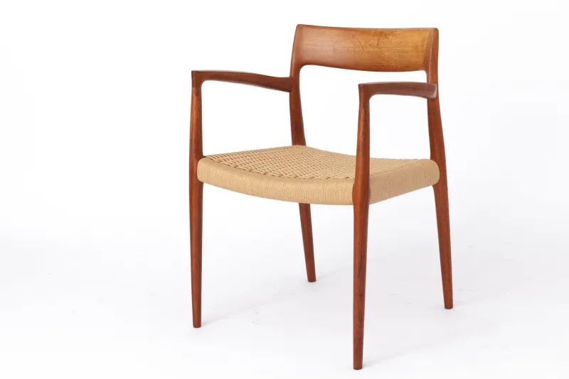 Pamono Mid-Century Danish Modern Model 57 Armchair in Teak with Papercord Seat by Niels Otto (N. O.) Møller for J. L. Møllers, 1960s> Side Chairs & Dining Chairs