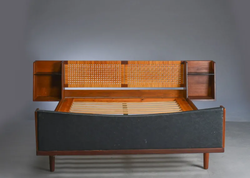 Discount Pamono Mid-Century Danish Teak Double Bed with Cane Headboard by Hans J. Wegner for Getama, 1960s