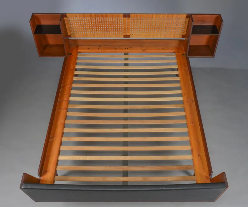 Discount Pamono Mid-Century Danish Teak Double Bed with Cane Headboard by Hans J. Wegner for Getama, 1960s