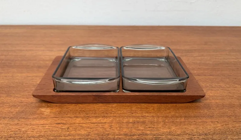 Pamono Mid-Century Danish Teak Tray from Artiform with Cabaret Glass Trays from Holmegaard, 1960s, Set of 3> Trays
