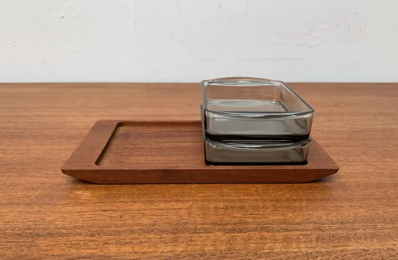 Pamono Mid-Century Danish Teak Tray from Artiform with Cabaret Glass Trays from Holmegaard, 1960s, Set of 3> Trays
