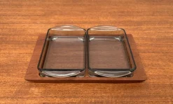 Pamono Mid-Century Danish Teak Tray from Artiform with Cabaret Glass Trays from Holmegaard, 1960s, Set of 3><noscript><img width=
