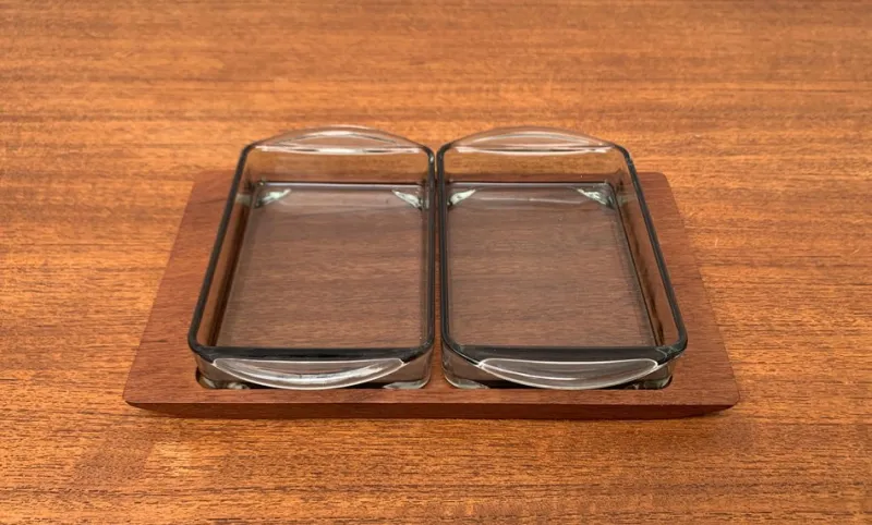 Pamono Mid-Century Danish Teak Tray from Artiform with Cabaret Glass Trays from Holmegaard, 1960s, Set of 3> Trays