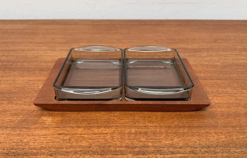 Pamono Mid-Century Danish Teak Tray from Artiform with Cabaret Glass Trays from Holmegaard, 1960s, Set of 3> Trays