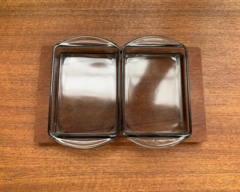 Pamono Mid-Century Danish Teak Tray from Artiform with Cabaret Glass Trays from Holmegaard, 1960s, Set of 3> Trays