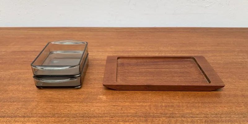 Pamono Mid-Century Danish Teak Tray from Artiform with Cabaret Glass Trays from Holmegaard, 1960s, Set of 3> Trays
