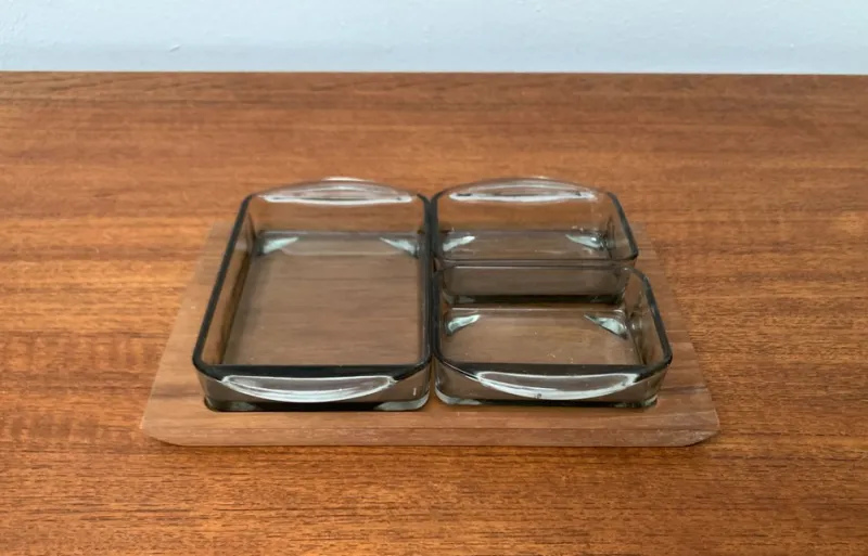 New Pamono Mid-Century Danish Teak with Cabaret Glass Trays from Holmegaard, 1960s, Set of 4