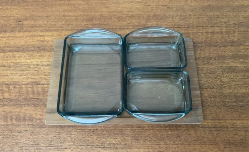 New Pamono Mid-Century Danish Teak with Cabaret Glass Trays from Holmegaard, 1960s, Set of 4