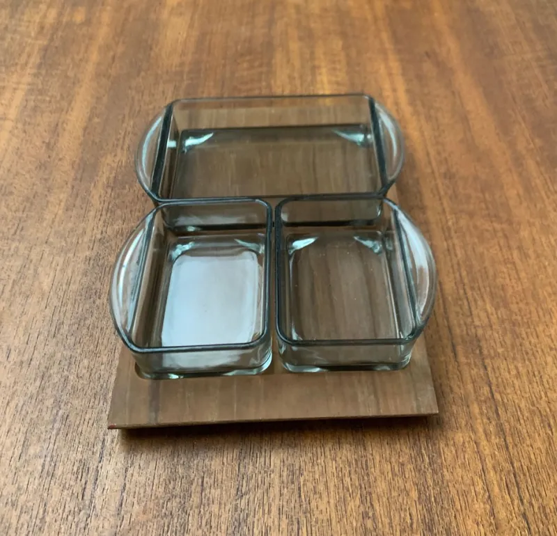 New Pamono Mid-Century Danish Teak with Cabaret Glass Trays from Holmegaard, 1960s, Set of 4