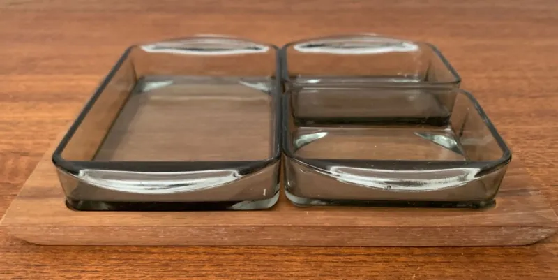 New Pamono Mid-Century Danish Teak with Cabaret Glass Trays from Holmegaard, 1960s, Set of 4