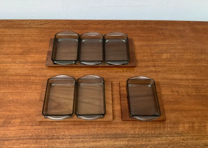 Discount Pamono Mid-Century Danish Tray in Teak with Cabaret Glass Trays from Holmegaard, 1960s, Set of 9