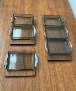 Discount Pamono Mid-Century Danish Tray in Teak with Cabaret Glass Trays from Holmegaard, 1960s, Set of 9