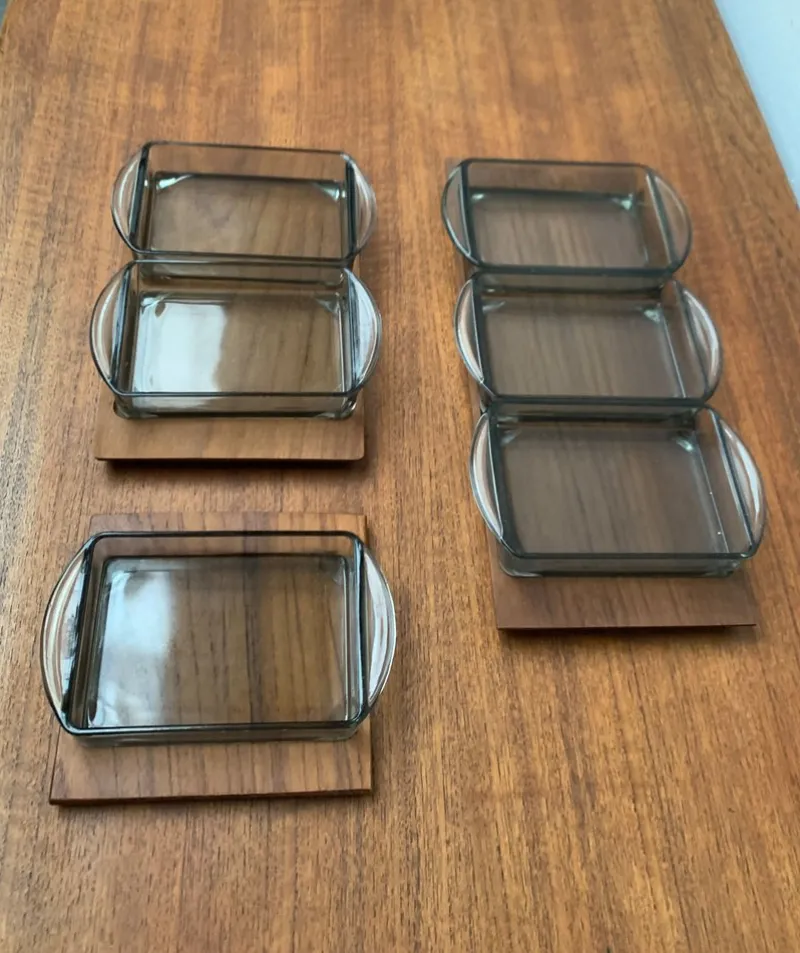 Discount Pamono Mid-Century Danish Tray in Teak with Cabaret Glass Trays from Holmegaard, 1960s, Set of 9