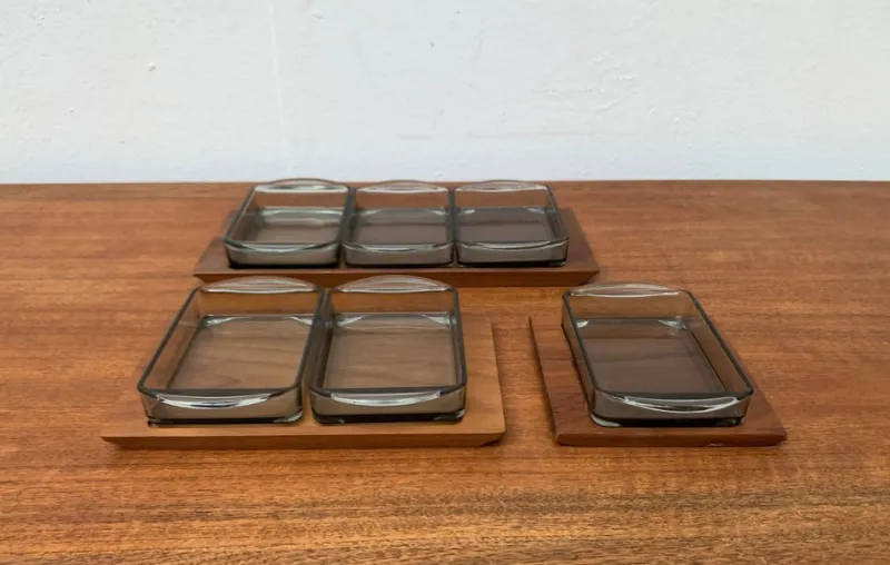 Discount Pamono Mid-Century Danish Tray in Teak with Cabaret Glass Trays from Holmegaard, 1960s, Set of 9