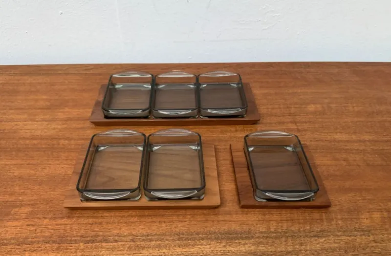 Discount Pamono Mid-Century Danish Tray in Teak with Cabaret Glass Trays from Holmegaard, 1960s, Set of 9