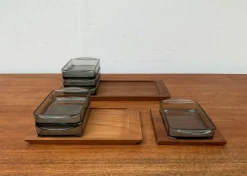 Discount Pamono Mid-Century Danish Tray in Teak with Cabaret Glass Trays from Holmegaard, 1960s, Set of 9