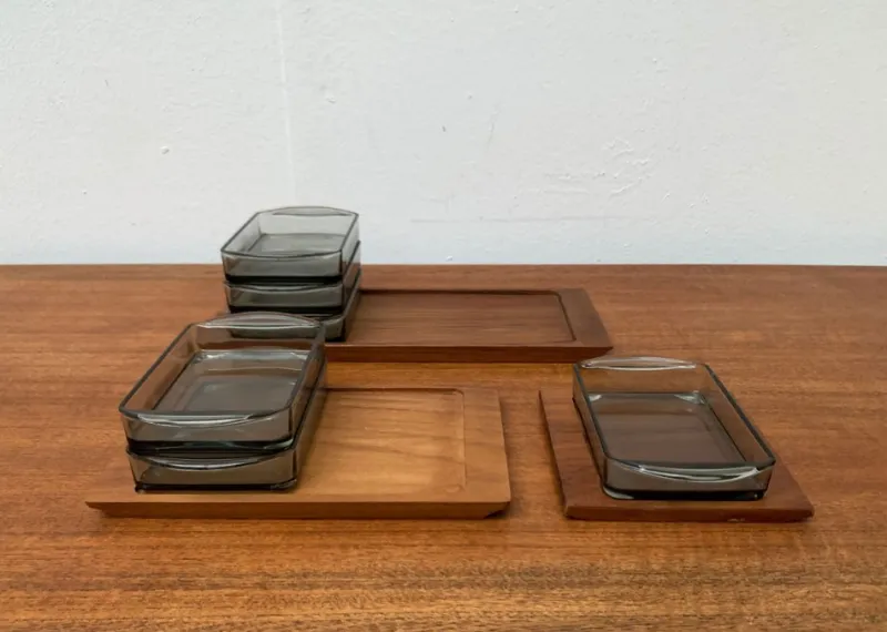 Discount Pamono Mid-Century Danish Tray in Teak with Cabaret Glass Trays from Holmegaard, 1960s, Set of 9