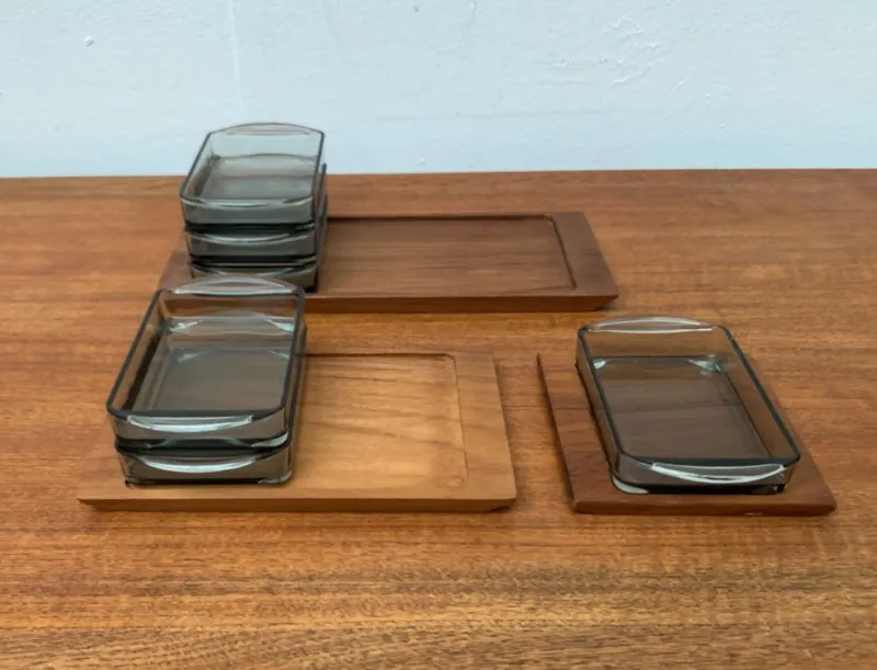 Discount Pamono Mid-Century Danish Tray in Teak with Cabaret Glass Trays from Holmegaard, 1960s, Set of 9