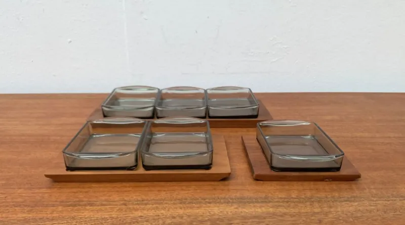 Discount Pamono Mid-Century Danish Tray in Teak with Cabaret Glass Trays from Holmegaard, 1960s, Set of 9