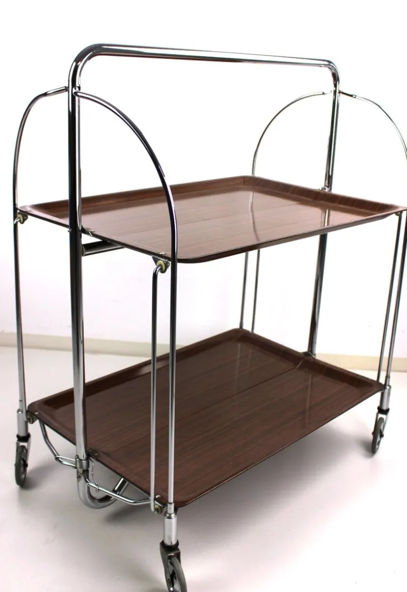 Pamono Mid-Century Dinett Foldable Serving Trolley from Bremshey Solingen, 1960s> Serving Bar Carts & Trolleys