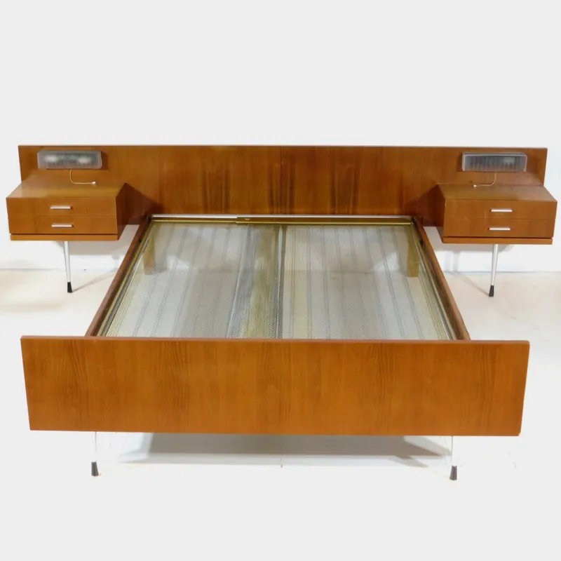 Pamono Mid-Century Double Bed in Teak with Nightstands, 1960s> Beds & Bedroom Sets