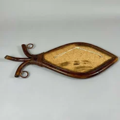 Pamono Mid-Century Fish-Shaped Bamboo and Rattan Mirror, France, 1950s><noscript><img width=