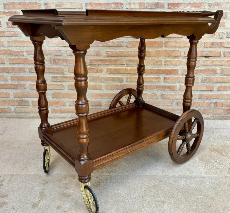 Pamono Mid-Century French Wooden Bar Cart Trolley, 1950s> Serving Bar Carts & Trolleys
