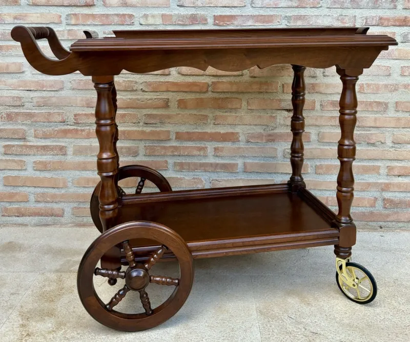 Pamono Mid-Century French Wooden Bar Cart Trolley, 1950s> Serving Bar Carts & Trolleys