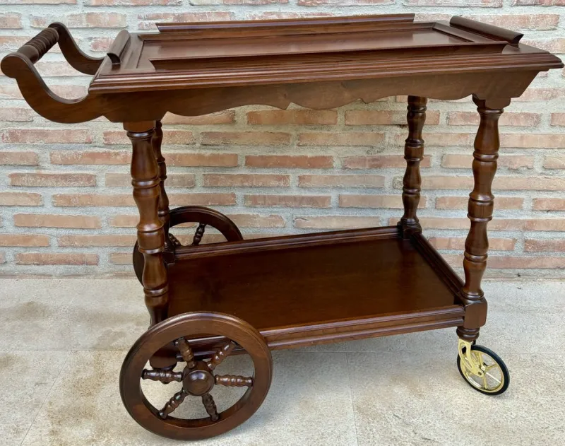 Pamono Mid-Century French Wooden Bar Cart Trolley, 1950s> Serving Bar Carts & Trolleys
