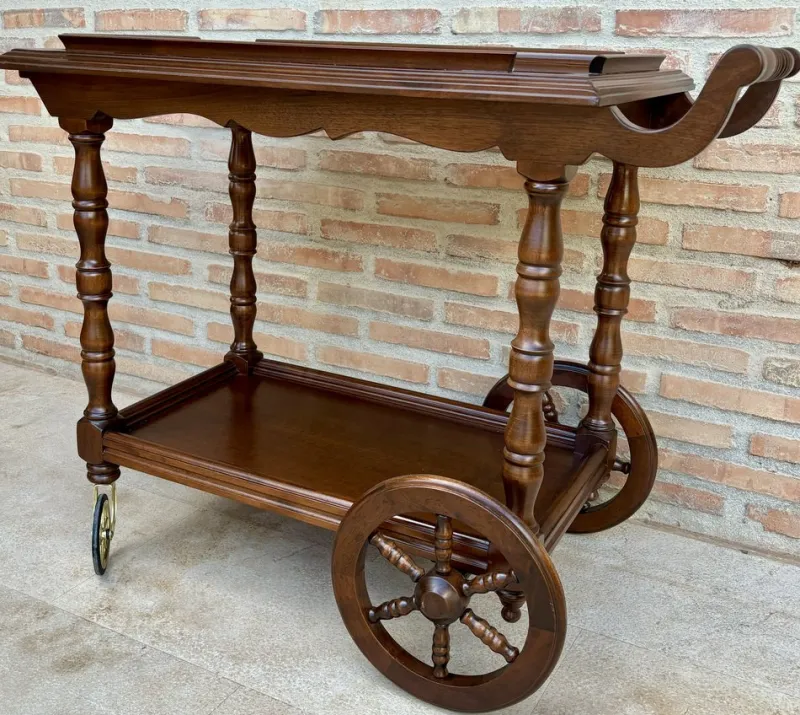 Pamono Mid-Century French Wooden Bar Cart Trolley, 1950s> Serving Bar Carts & Trolleys