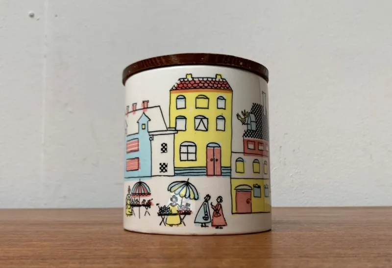 Pamono Mid-Century German Ceramic Box or Cookie Jar with Teak Lid from SMF Schramberg Keramik, 1960s> Dinnerware Accessories