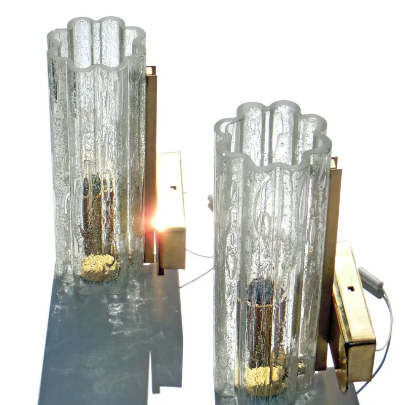 Pamono Mid-Century Hand-Blown Glass and Brass Wall Sconces from Doria Leuchten, Germany, 1970s, Set of 2> Wall Lights & Sconces
