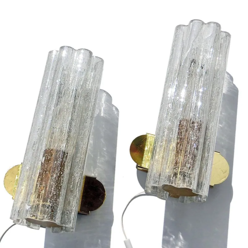 Pamono Mid-Century Hand-Blown Glass and Brass Wall Sconces from Doria Leuchten, Germany, 1970s, Set of 2> Wall Lights & Sconces