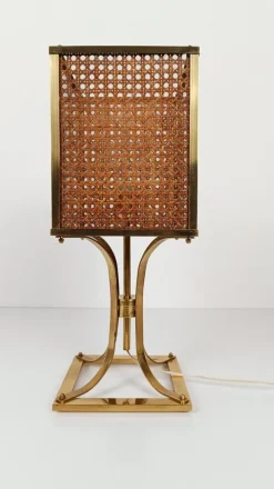 Pamono Mid-Century Hollywood Regency Brass and Cane Webbing Table Lamp, 1970s><noscript><img width=