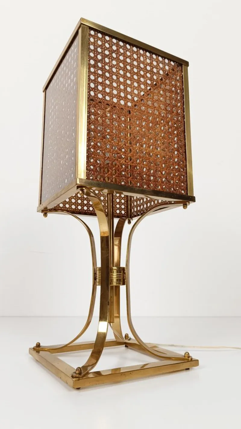 Pamono Mid-Century Hollywood Regency Brass and Cane Webbing Table Lamp, 1970s> Table Lamps