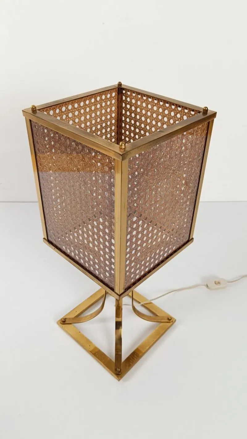 Pamono Mid-Century Hollywood Regency Brass and Cane Webbing Table Lamp, 1970s> Table Lamps