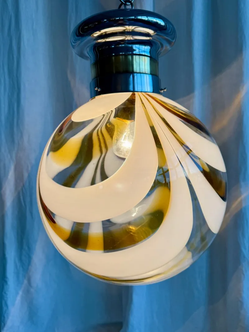 Best Pamono Mid-Century Italian Amber and White Swirl Murano Glass Globe Pendant, 1960s