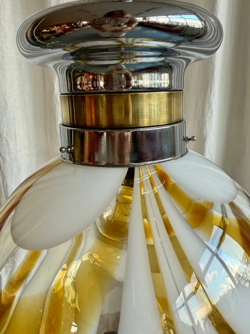 Best Pamono Mid-Century Italian Amber and White Swirl Murano Glass Globe Pendant, 1960s
