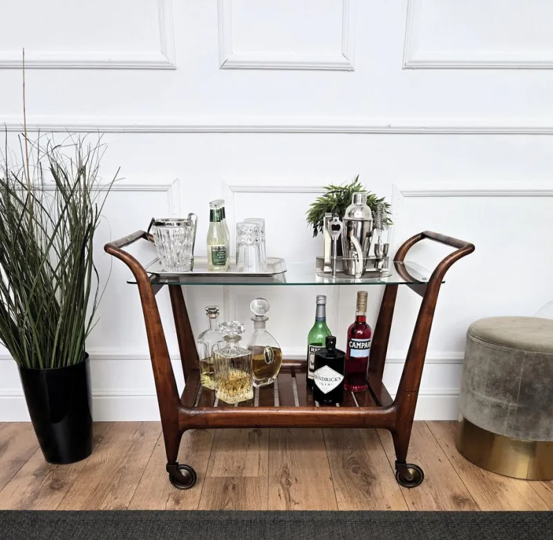 Clearance Pamono Mid-Century Italian Art Deco Style Wood and Brass Dry Bar Cart by Paolo Buffa, 1950s