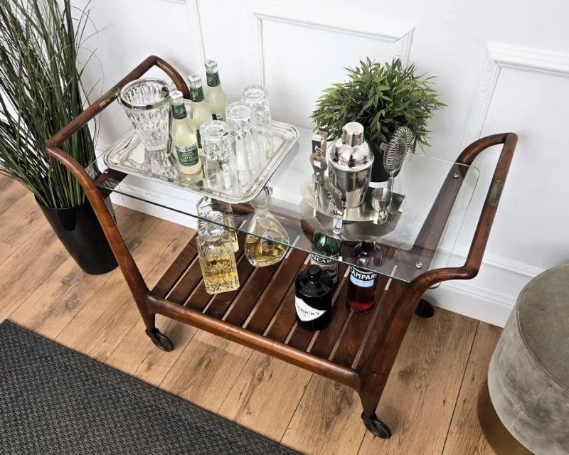 Clearance Pamono Mid-Century Italian Art Deco Style Wood and Brass Dry Bar Cart by Paolo Buffa, 1950s