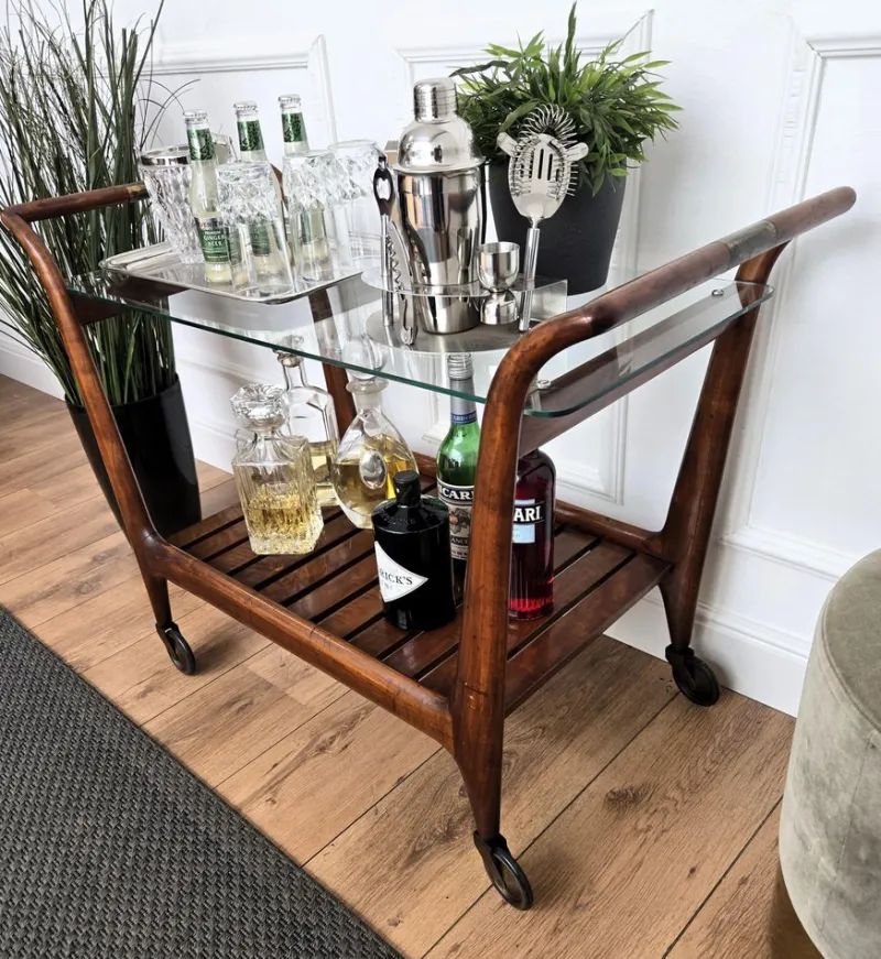 Clearance Pamono Mid-Century Italian Art Deco Style Wood and Brass Dry Bar Cart by Paolo Buffa, 1950s
