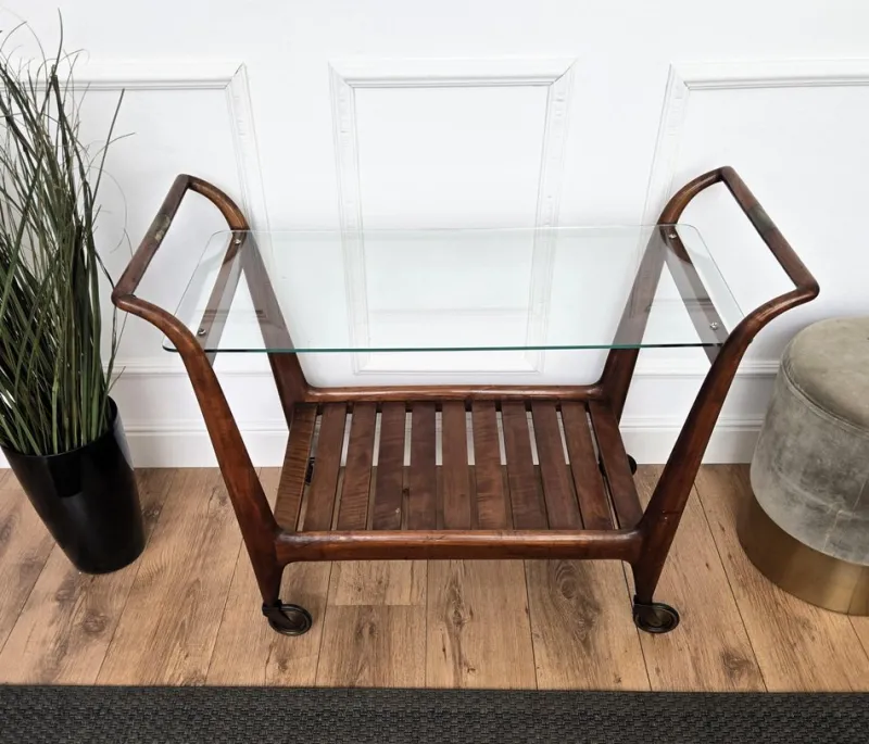 Clearance Pamono Mid-Century Italian Art Deco Style Wood and Brass Dry Bar Cart by Paolo Buffa, 1950s