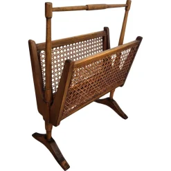 Pamono Mid-Century Italian Cane Rattan and Wood Magazine Rack, 1960s> Magazine Racks