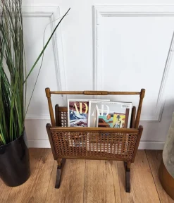 Pamono Mid-Century Italian Cane Rattan and Wood Magazine Rack, 1960s><noscript><img width=