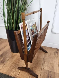 Pamono Mid-Century Italian Cane Rattan and Wood Magazine Rack, 1960s><noscript><img width=
