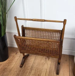 Pamono Mid-Century Italian Cane Rattan and Wood Magazine Rack, 1960s><noscript><img width=