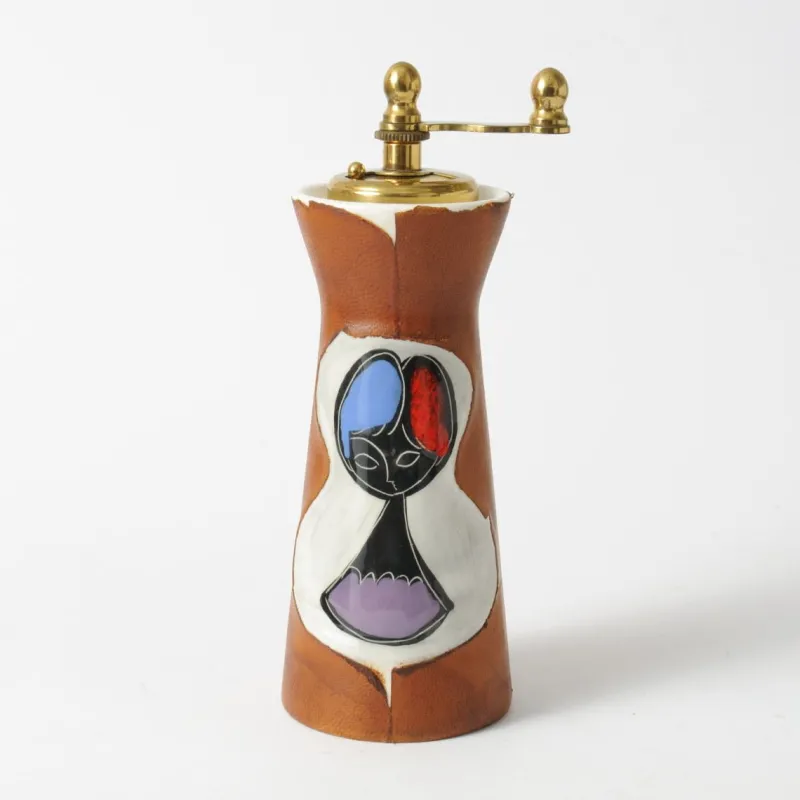 New Pamono Mid-Century Italian Cermamic and Leather Pepper Mill from Chiarugi
